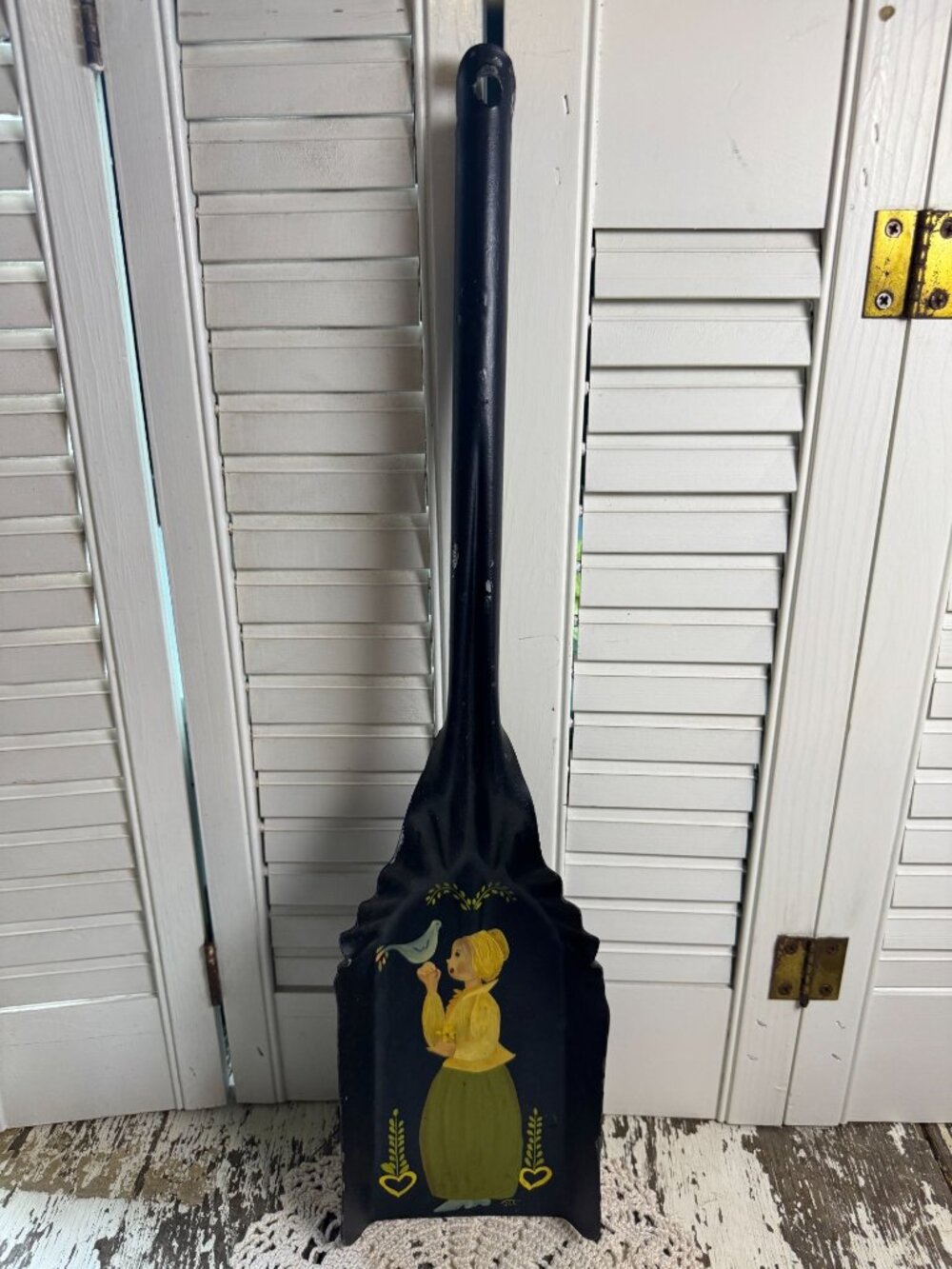 Vintage Folk Art Painted Metal Fireplace Shovel Woman Bird 20"